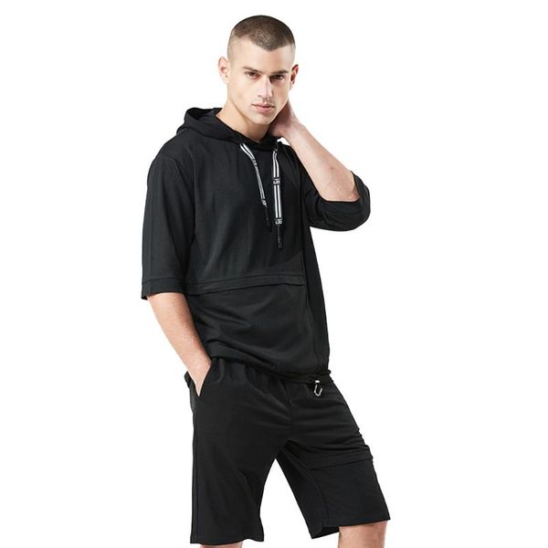 

fumud 2018 selling fashion summer sets men casual tracksuit t shirt+shorts two piece trainingspak solid hooded loose suit, Gray