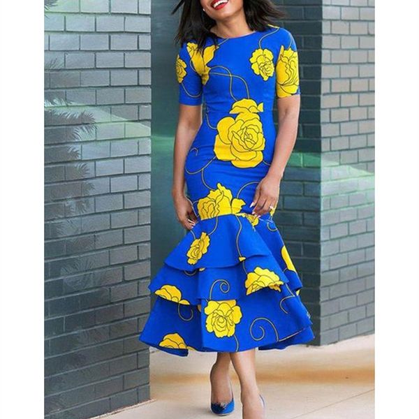 

Women Flora Printed Cascading Ruffle Mermaid Dresses Summer Short Sleeve Bodycon Party Dress Sexy Empire Mid Dresses