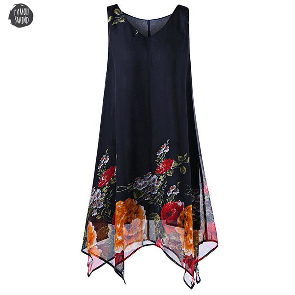 

women vintage summer dress plus size v neck boho floral handkerchief chiffon dress female sleeveless vestidos 4xl, Black;gray
