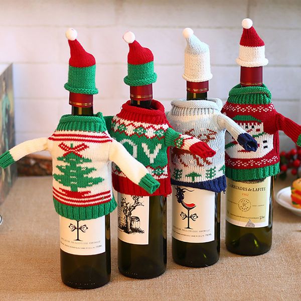 Sacs de couverture de bouteille de vin rouge Père Noël Bonhomme de neige Renne Arbre de Noël Pull tricoté Ornement Fête de Noël Décoration de table XD20792