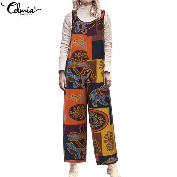 

celmia women's jumpsuits vintage printed rompers straps sleeveless playsuits kaftan dungarees casual pantalon femme s-5xl, Black;white