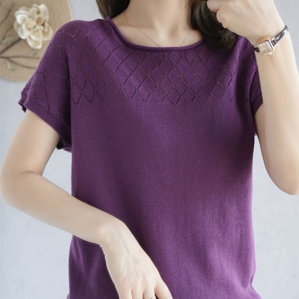 

knitted short-sleeved women's solid color cotton and linen 2020 round collar loose hollow half-sleeve t- t- shirt shirt thin, White