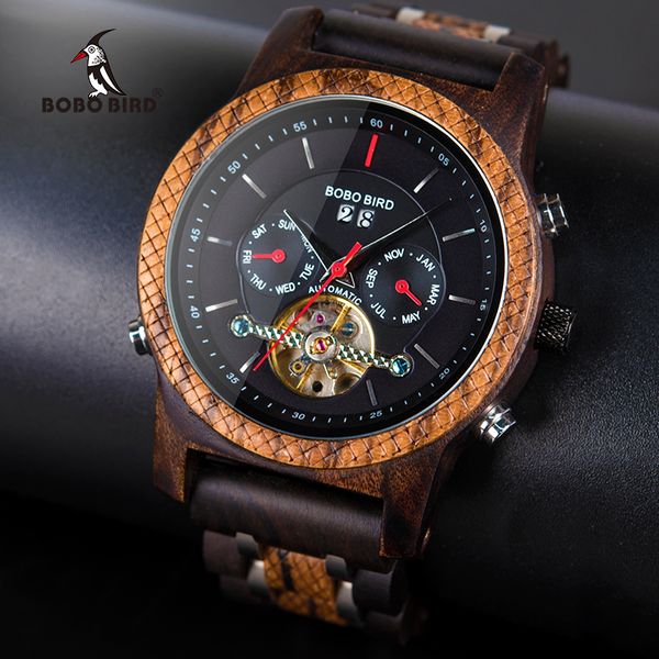 

bobo bird automatic mechanical watch men wooden luxury women watches with calendar display multifuctions relogio masculino, Slivery;brown