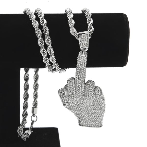 

hip hop stainless steel bling full diamond mens gold silver middle finger big pendant chain necklace heavy industry rapper jewelry for sale