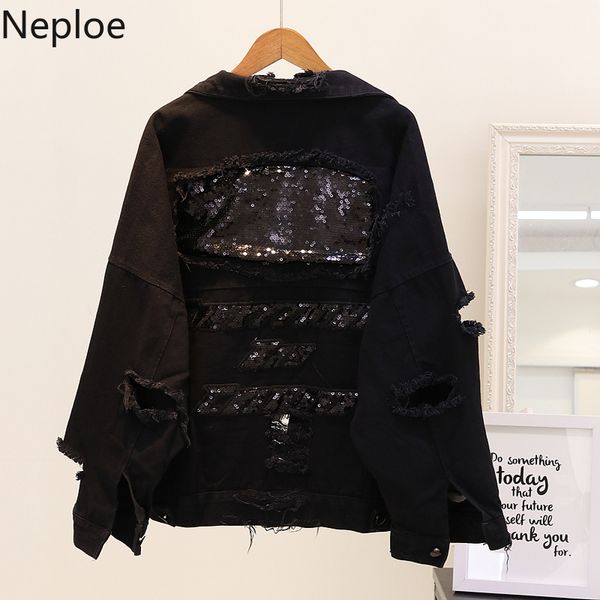 

neploe 2019 women's harajuku streetwear jean jackets letter sequin bomber coat female frayed ripped hole red black denim jacket, Black;brown