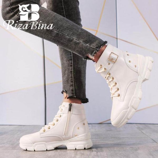 

rizabina ankle boots for women fashion rivets buckle zipper flats shoes women casual cross strap motorcycles footwear size 35-40, Black