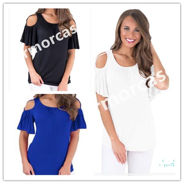 

womens designer t shirts ruffle off shoulder short sleeve t-shirt females solid color tee summer bare sleeve casual blouse cz401, White