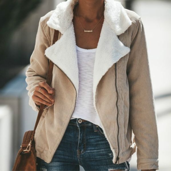 

woman loose corduroy jacket women new winter lambswool jackets ladies outerwear warm zipper long sleeve coat female streetwear, Black;brown