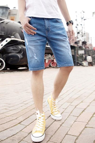 

men cool denim summer cotton casual men short pants clothing shorts mens denim shorts pants, Blue