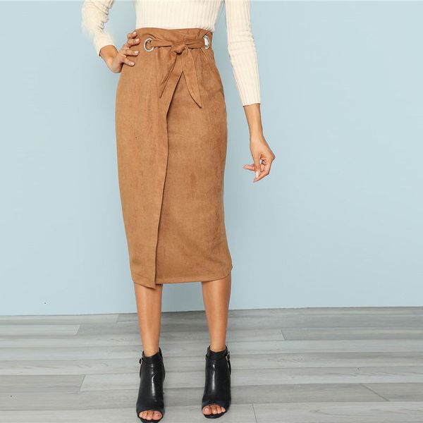 

юбка-карандаш женщины юбки браун твердая workwear tie талии wrap bodycon длинная юбка осень весна midi юбки женщины elegant ol, Black