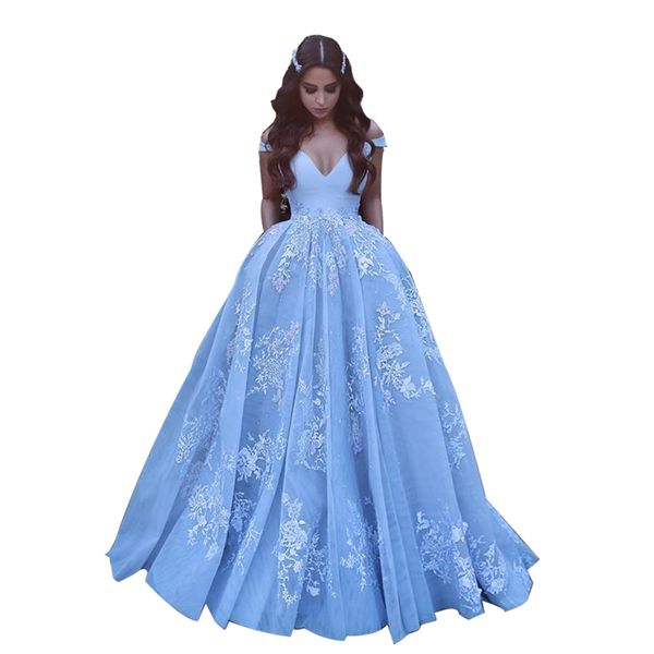 

pocket design lace applique ball quinceanera dresses modest dubai arabic off-shoulder luxury train princess occasion evening gowns dh4158, Blue;red