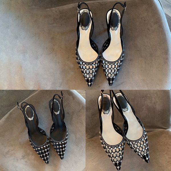 

designer womens sandals luxury black rhinestones metal button pointed high heels summer fashion with box size 35-40