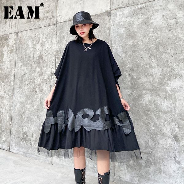 

eam] women black letter printed mesh big size dress new round neck three-quarter sleeve loose fashion spring summer 2020 1t773, Black;gray