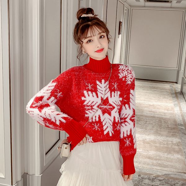 

рождество снежинка свитер женщина коренастый кашемир плюшевые 2019 новый зимний вязать мода теплый толстая шерсть дикий водолазка свитера, White;black