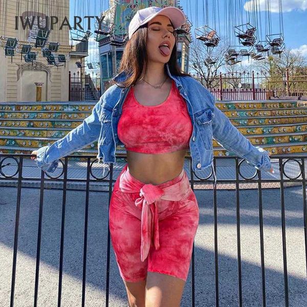 

2020 seales women's tie-dye printed lace-up waist sports short suit fitness push up bra slim elastic 2 pieces sets shorts, White