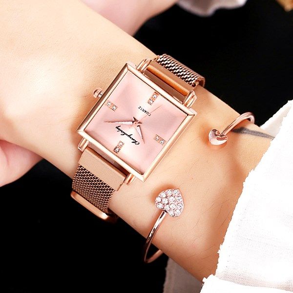 

2019 luxury women magnetic watches quartz square wristwatches dress female clock for christmas gift, Slivery;brown