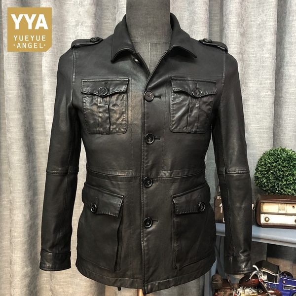 

mens medium length genuine leather cowhide jackets fashion single breasted pockets moto biker plus size male coats, Black