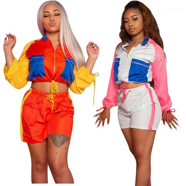 

panelled tracksuits fashion contrast color suits casual long sleeve high waist shorts women clothing women designer, Gray