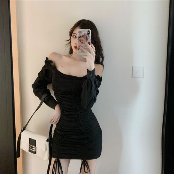 

small strapless dress long sleeve skirt, Black;gray