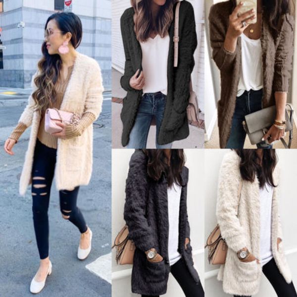 

hirigin women cardigan fur jacket outerwear winter warm sweater fluffy coat plus size slim lady clothes, Black;brown