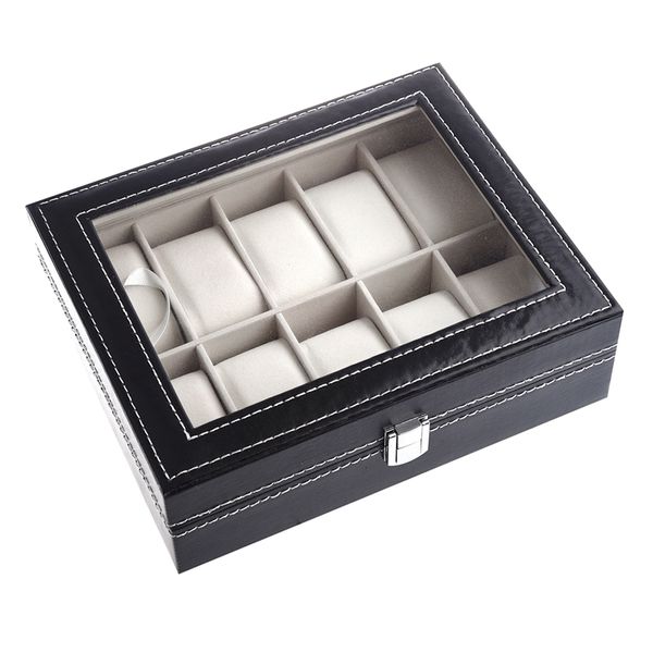 

watch display case jewelry collection storage organizer pu box 10 grid, Black;blue
