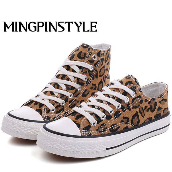 

2019 women canvas shoes fashion leopard print women vulcanized shoes lace-up casual high woman flats sneakers b066, Black