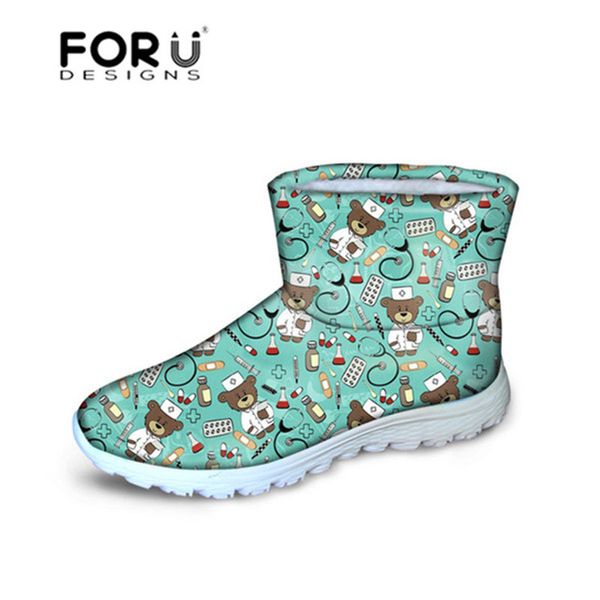 

forudesigns cartoon nurse bear printing winter boots women flat snow boots for ladies gift ankle casual warm shoes, Black