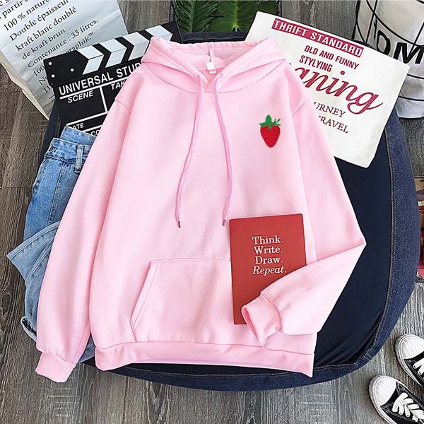 

2020 new korean harajuku hoodie hip hop print funny fleece hoodie female fleece ins loose students strawberry print top, Black