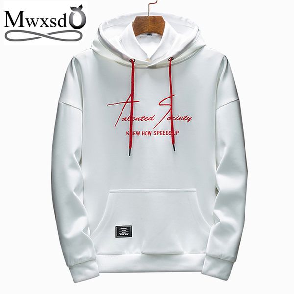 

mwxsd spring fashion men fleece soft hoodies mens letter embroidery long sleeve hooded sweatshirt male pullover cotton hood, Black