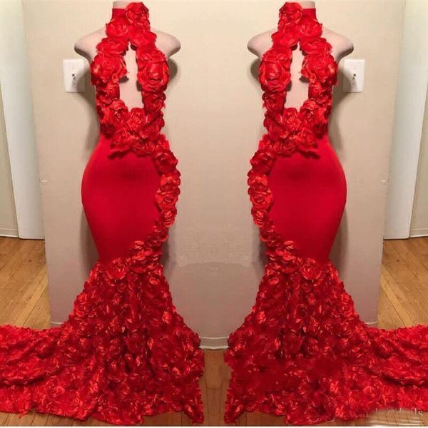 

2019 Red Rose Mermaid Prom Dresses New Sexy High Neck Appliques Formal Evening Dresses Sweep Train Cocktail Party Gowns