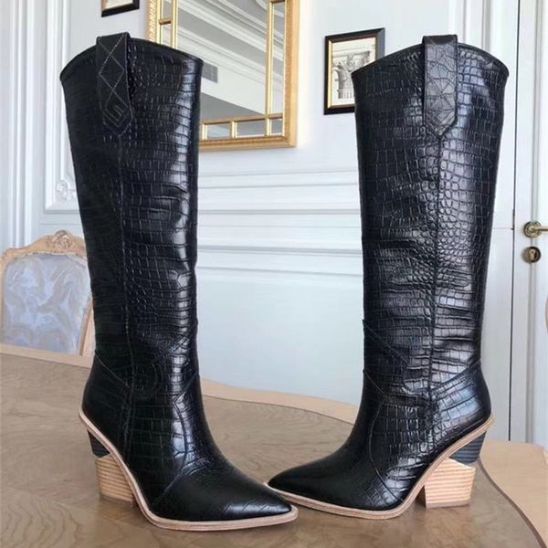 

2019 new fa hion embo ing plaid runway boot women knee high boot pointed toe trange high heel ladie chel ea boot