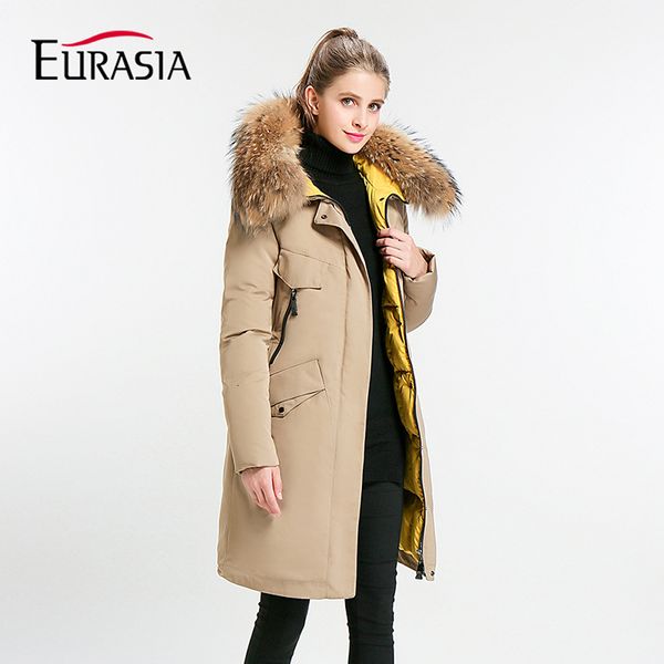 

eurasia new full solid 2019 women's mid-long winter jacket stand collar hood design oversize real fur thick coat parka y170027 y190926, Black;white