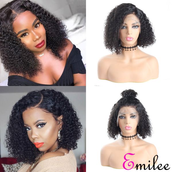 

emilee myanmar pre plucked jerry curly bob wigs 12" half lace curly bob wig with baby hair 150% density natural black, Black;brown