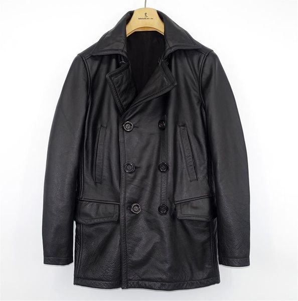 

2018 man's genuine cowhide leather overcoat double breasted male's casual jacket black plus size xxxxl 2xl 3xl 4xl