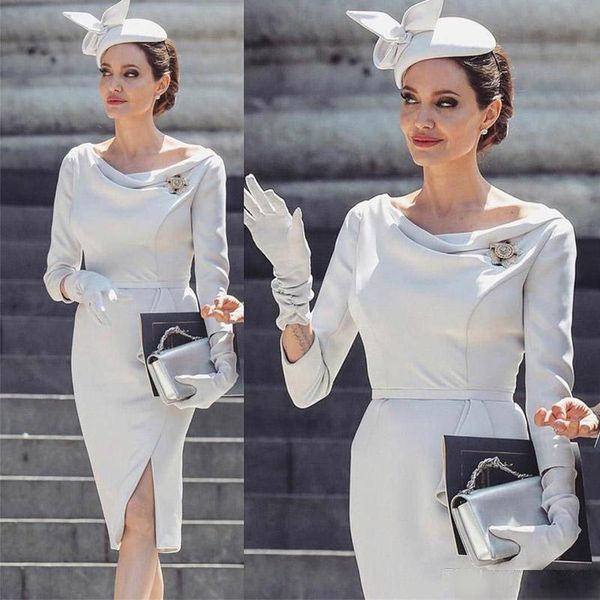 

stylish sheath knee length mother of the bride dresses scoop neck long sleeve pleats side split formal gown satin short evening dress, Black;red