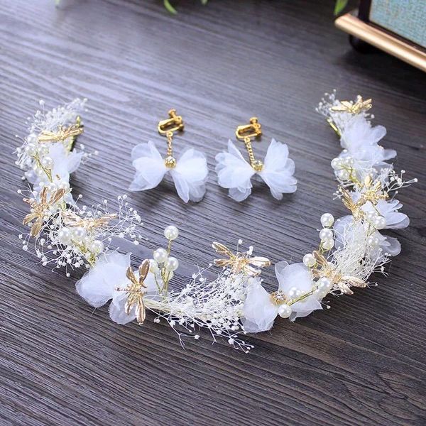 

korean mori bridal tiara star dried flower dragonfly wreath wedding hair accessories super fairy hair hoop earrings, White;golden