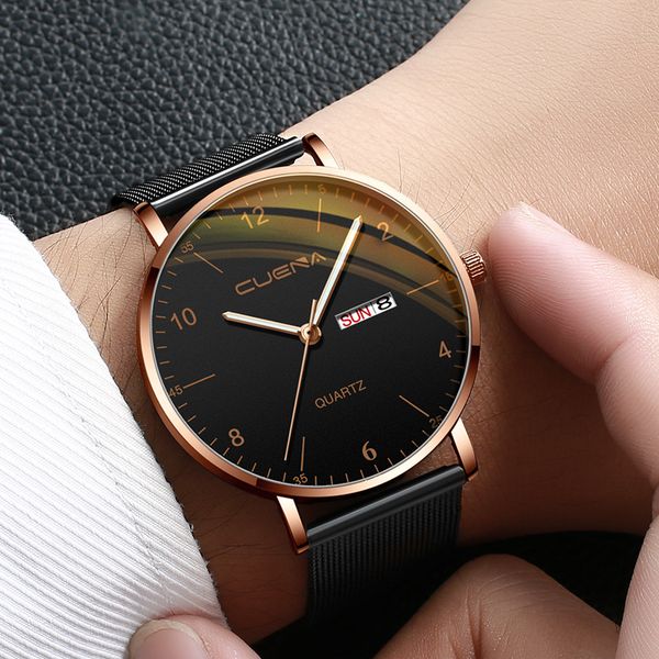 

watch men cuena stainless steel magnetic net with calendar simple casual watches relogio masculino quartz wristwatches montre, Slivery;brown
