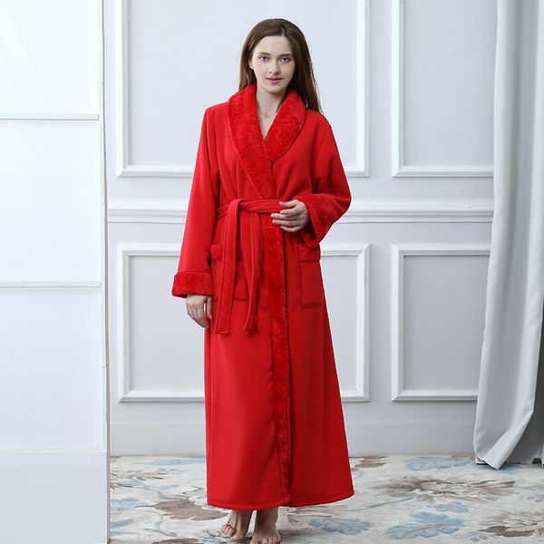 

ladies long bathrobes flannel long sleeve autumn winter robe kimono bath robe dressing gown red warm bathrobes, Black;brown