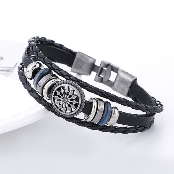 

braided leather bracelets for women man antique silver charms circle cross snap button bracelet jewelry gift multilayer beaded wrap bangles, Golden;silver