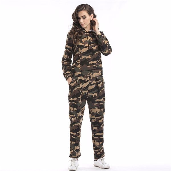 

fashion hoodie sweatshirt women casual camouflage hooded sportswear two pieces set + long pants sport tracksuit, Black;brown