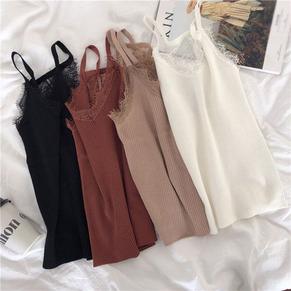 

oioninos new women's spring new hook flower lace solid stitching v-neck slim lace knitted outer wear shirt trend tank, White