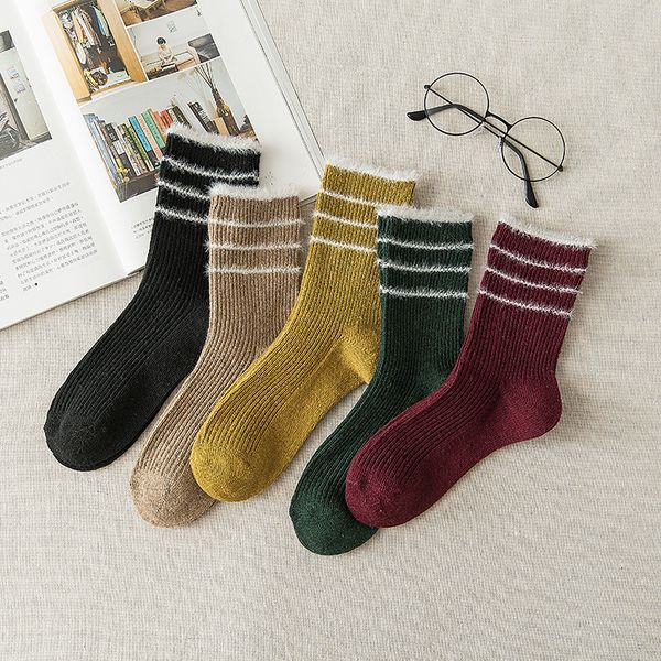 

ins new winter rabbit wool socks three bars socks brand direct sale, Black;white