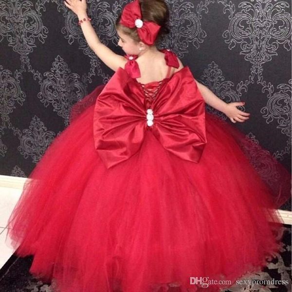 Rote Ballkleid-Spaghetti-Blumenmädchenkleider mit großer Schleife, Tüll-Perlen-Erstkommunion-Kleider mit Schnürung am Rücken, Mädchen-Festzug-Kleider für die Hochzeit