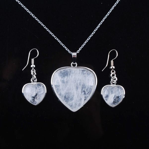 

wojiaer natural crystal heart set jewelry reiki chakra beads necklace pendant earrings chain 18" dq3083, Black