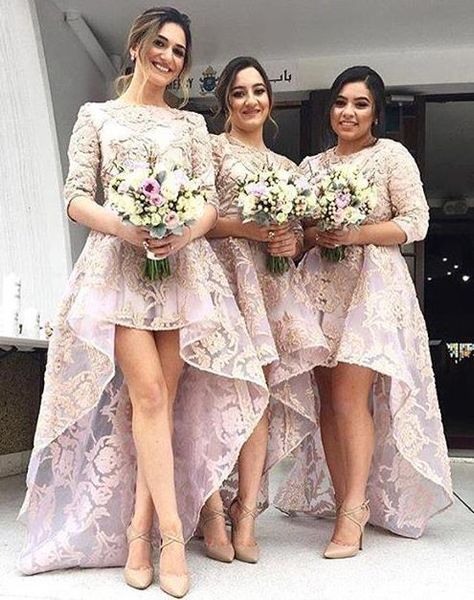 Yarım Kollu Gelinlik Modelleri Yüksek Düşük Dantel Onur Hizmetçi Kıyafeti Kat Uzunluk Düğün Parti Elbise Artı Boyutu