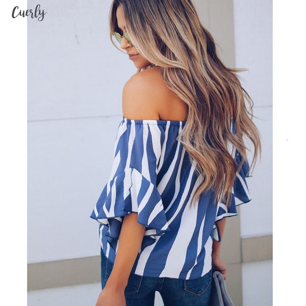 

2020 fashion women striped off shoulder shirt blouse ladies flare sleeve shirts camisas blusa mujer, White