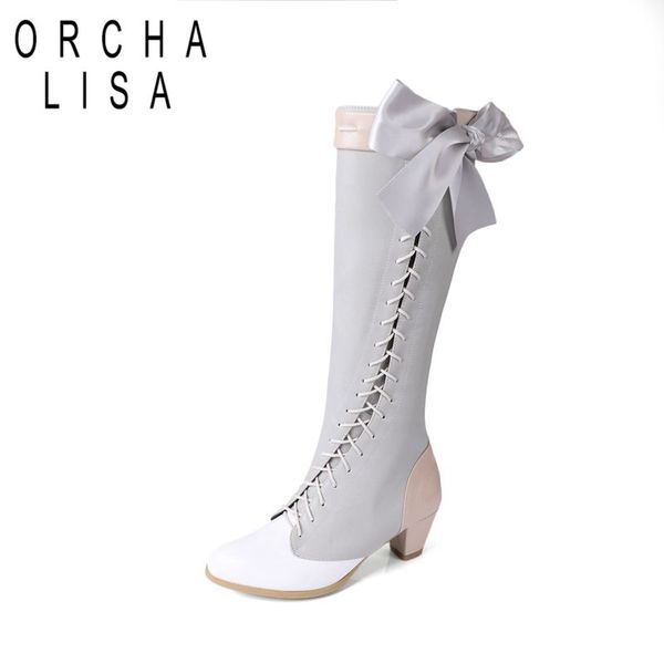 

orcha lisa large size women cute lolita knee boots chunky high heels shoes cosplay bowtie boots long booties black gray shoes