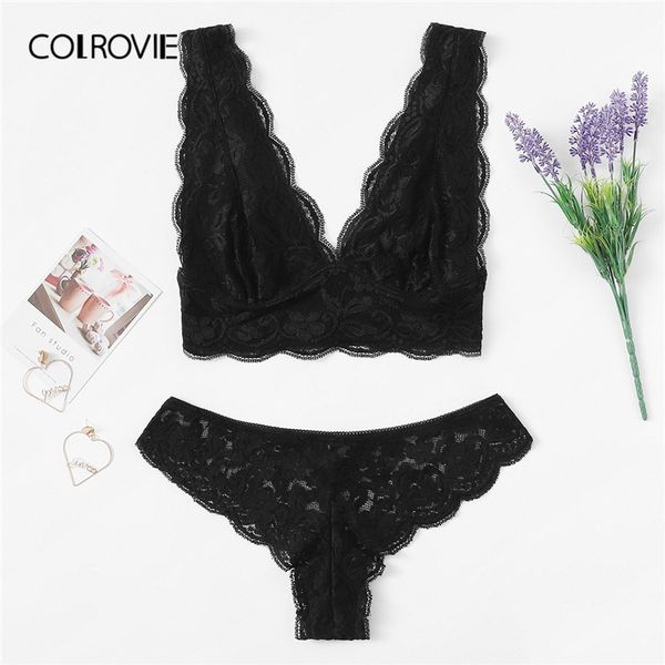 Compre Colrovie Negro Conjunto De Lenceria Sexy De Encaje Floral Festoneada 2019 Moda De Primavera Ropa Interior De Mujer Sujetador De Las Mujeres