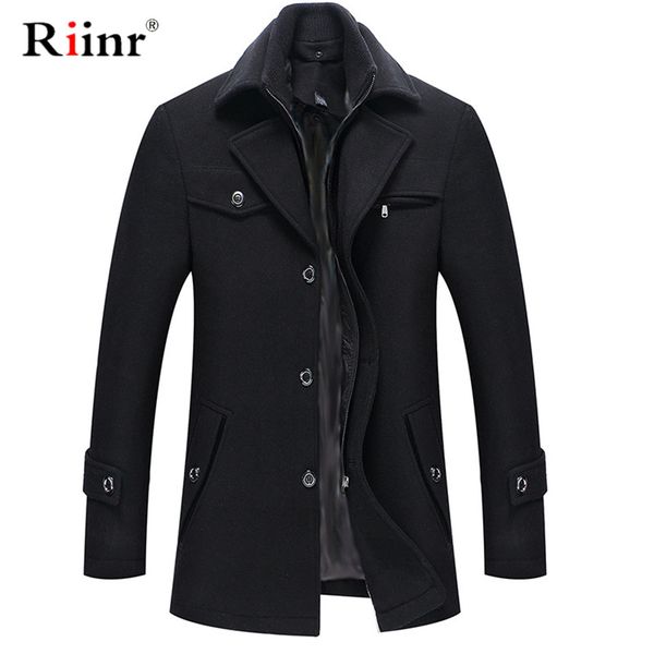 

2019 new men winter warm trench woolen coat slim fit casual reefer jackets solid stand collar single breasted peacoat parka, Black