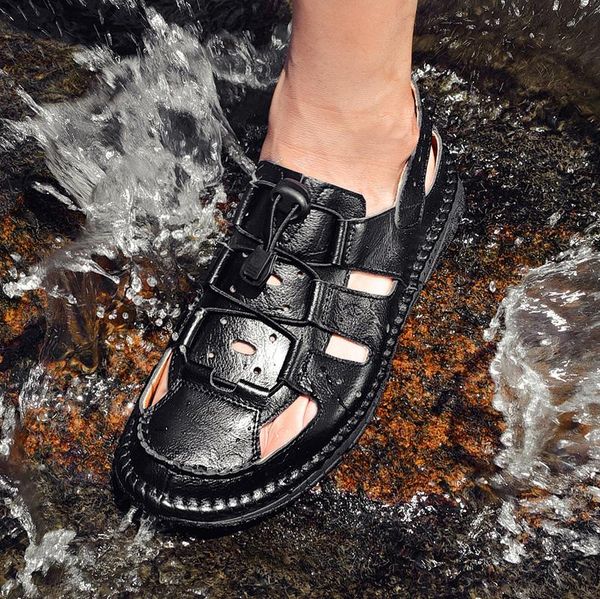 

sandals summer male outdoor men comfortable casual shoes handamde sewing genuine leather breathable beach, Black